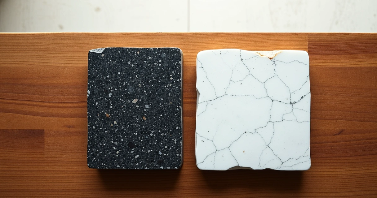Amostra de granito escuro ao lado de amostra de mármore branco sobre mesa