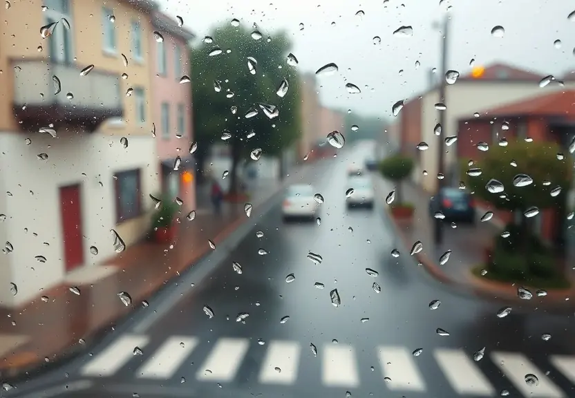 Janela com gotas de chuva e a rua desfocada ao fundo