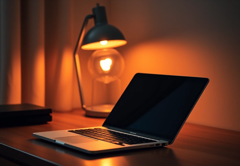Notebook fechado sobre a mesa, ao lado de uma luminária acesa
