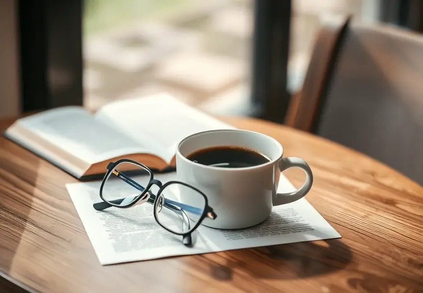 Xícara de café e um par de óculos de leitura sobre a mesa