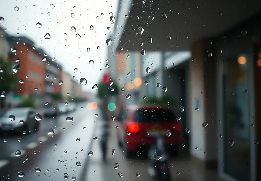 Janela com gotas de chuva e a rua desfocada ao fundo