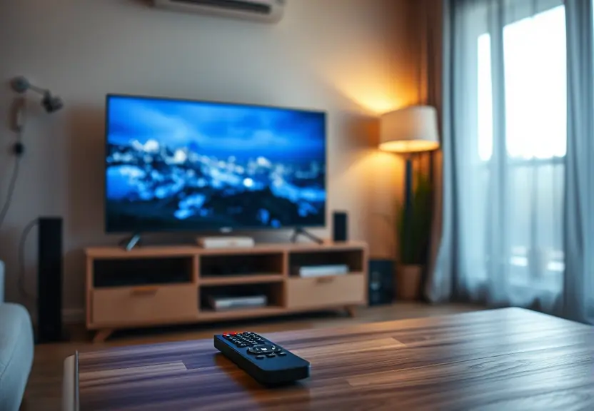 Televisão da sala ligada à noite, com o controle remoto sobre a mesa
