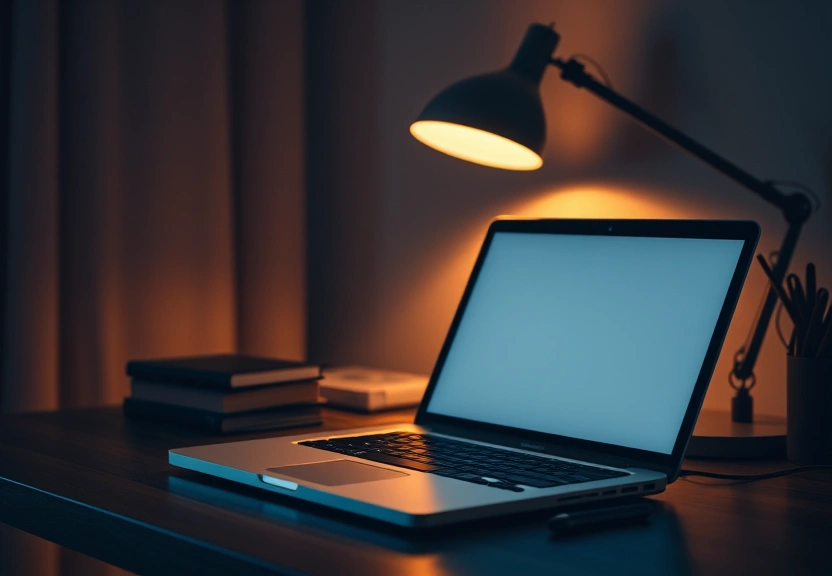 Notebook fechado sobre a mesa, ao lado de uma luminária acesa