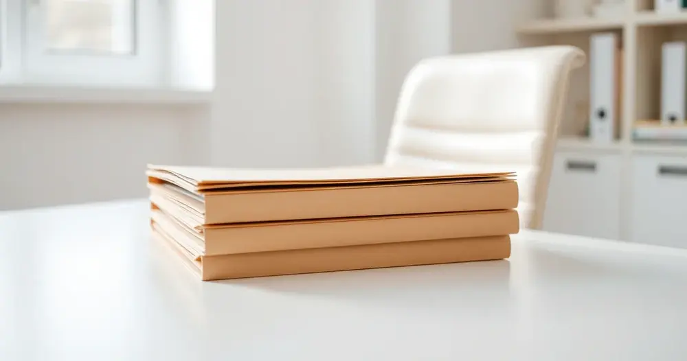 Pastas de documentos empilhadas sobre mesa clara ao lado de cadeira de escritório