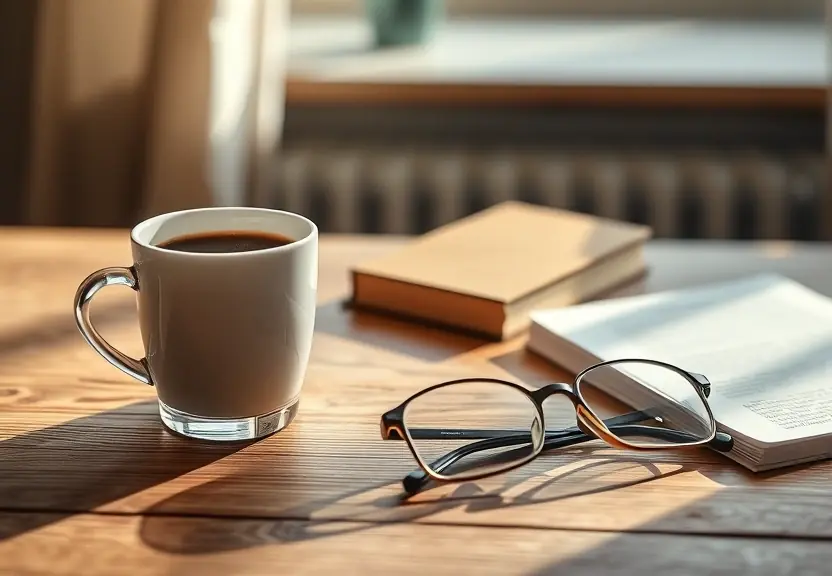 Xícara de café e um par de óculos de leitura sobre a mesa
